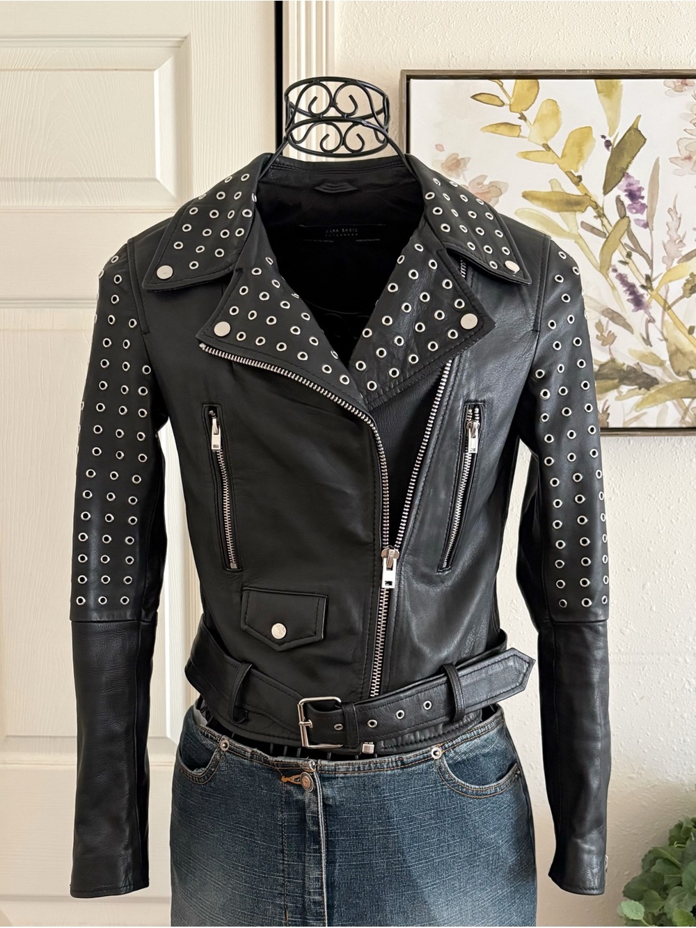 Zara Black Genuine Leather Eyelet Stud Moto Jacket